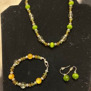 KR Green Orange Beaded 3 Piece Jewelry Set Necklace Bracelet Earring